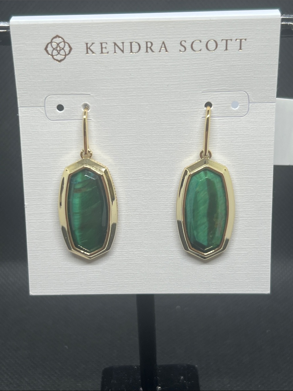 Kendra Scott Dani BenzelGold Drop Earrings with Geeen Tiger Eye Stone NWT